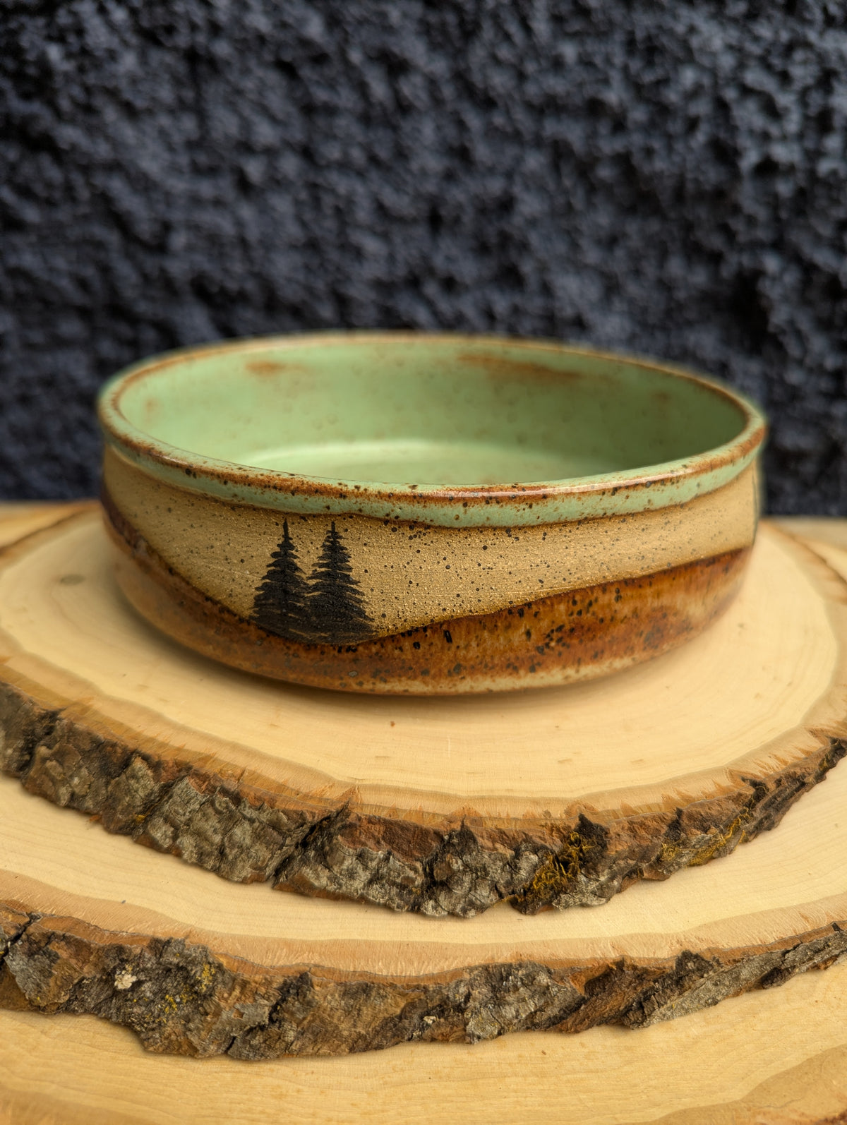 A handmade ceramic bowl with a light green interior and a speckled beige exterior featuring a painted pine tree design, displayed on stacked natural wood slices against a dark textured background.
